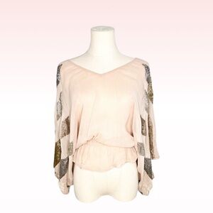 VTG BOYOD Beige Sheer Beaded Sleeve Top (Sz XS/S)